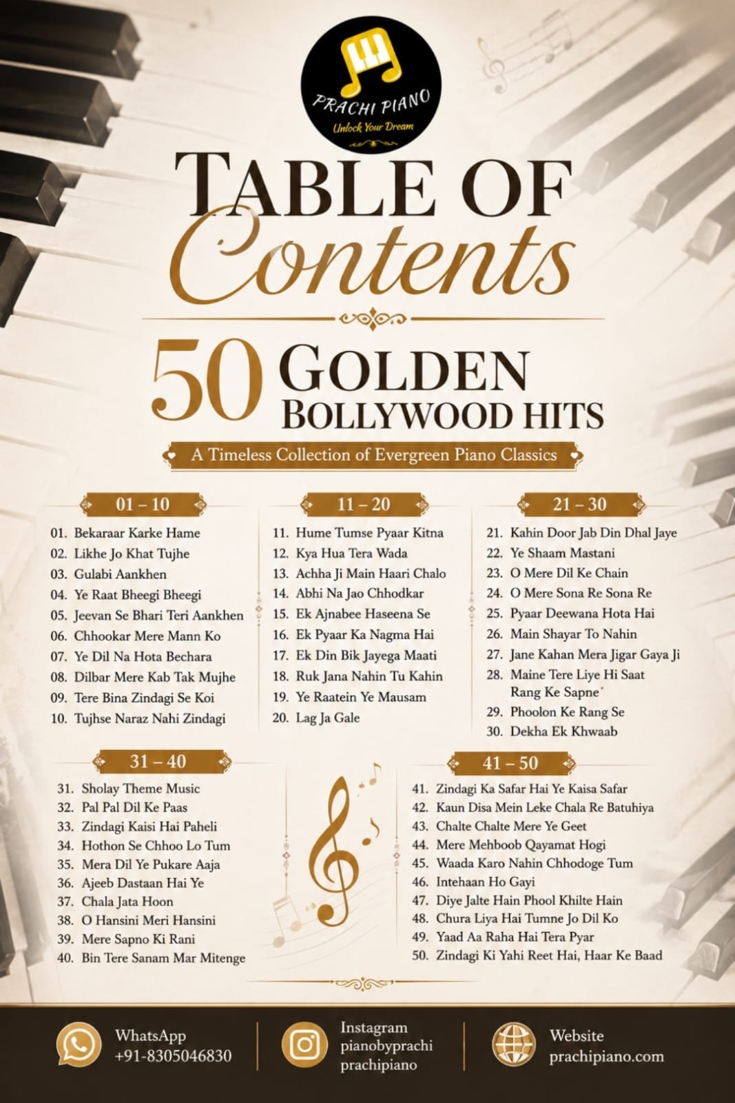 50 Golden Bollywood Hits — full song list (Table of Contents)